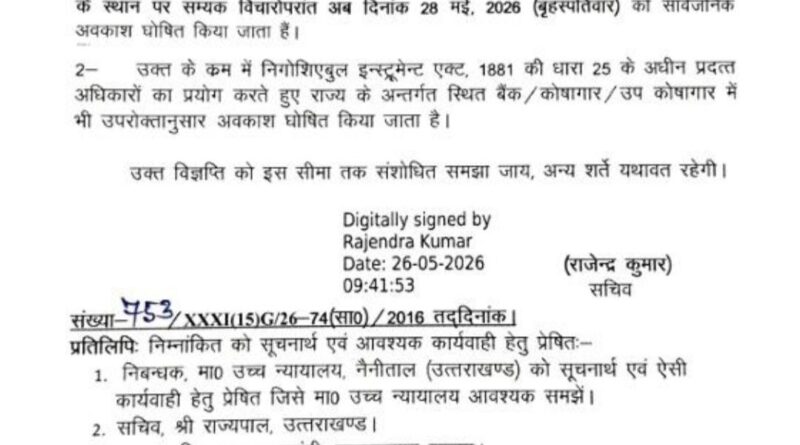 उत्तराखंड में 28 मई को होगी बकरीद की छुट्टी, आदेश जारी