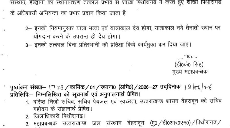 उत्तराखंड जल संस्थान में अधिशासी अभियंताओं के कार्यक्षेत्र में फेरबदल
