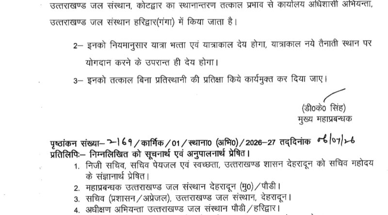 उत्तराखंड जल संस्थान में कई अभियंताओं के कार्यक्षेत्र में हुआ फेरबदल